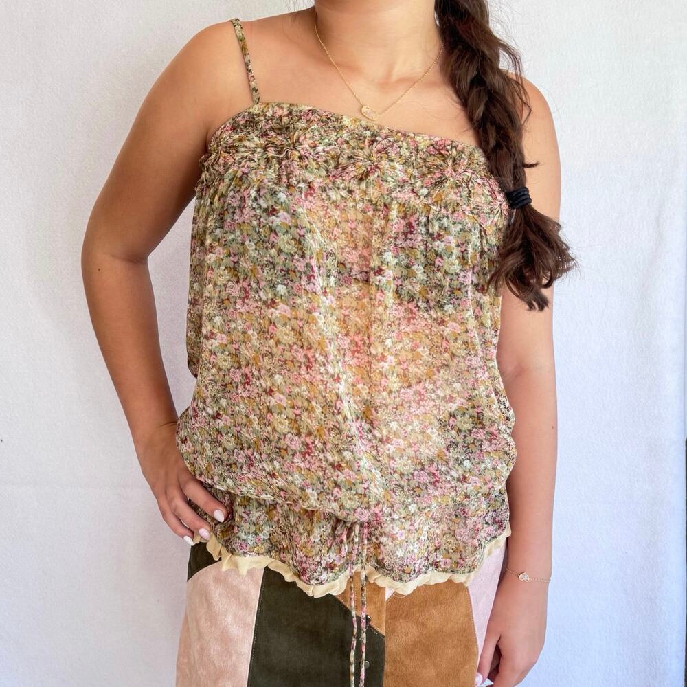 Andrée by Unit Cottagecore Floral Smocked Cami Top Ruffle Hem Sheer Tank S